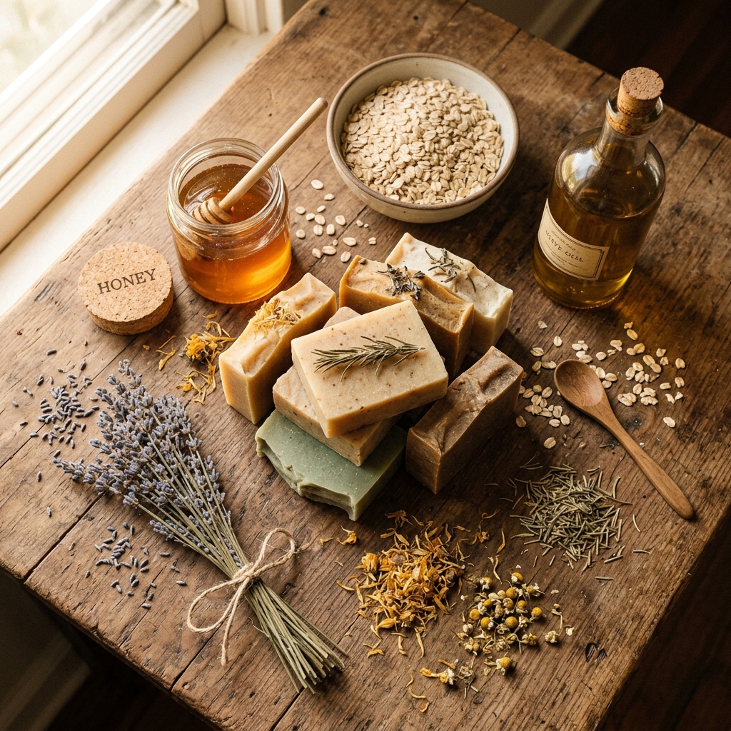 Natural soap ingredients flat lay
